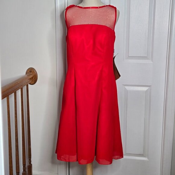 Light In The Box Ruby Red Sheer Top Pearls Sleeveless Midi Evening Dress Sz 16W - Picture 1 of 14